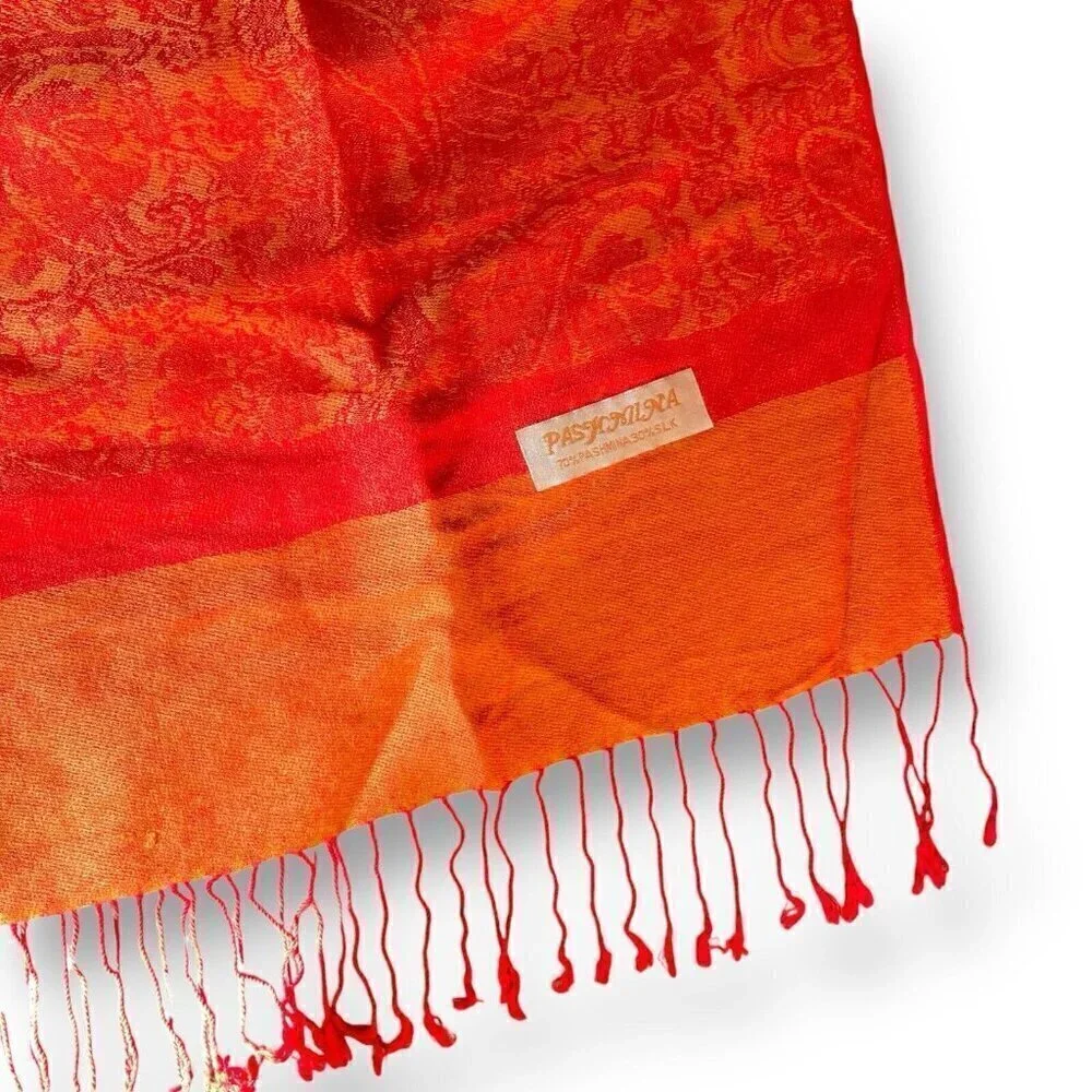 Womens Pashmina Silk Scarf Orange Red Paisley Boho Fringe Oversized Artsy
